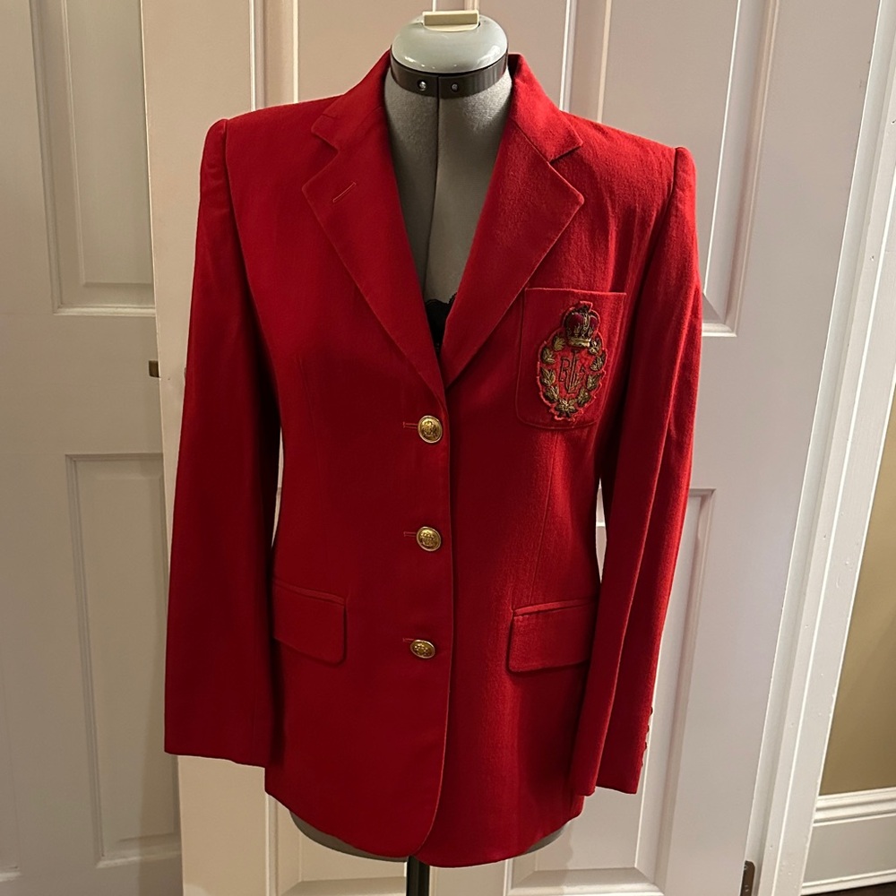 Lauren Ralph Lauren Red Pure Wool Blazer with Crest and Gold Buttons